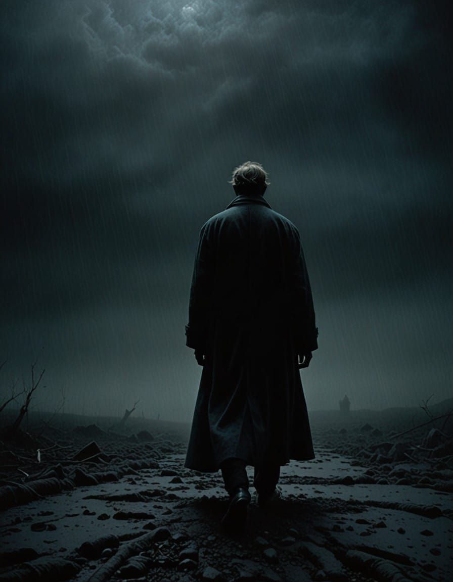 Dark Figure Enveloped by Shadows in Moody Blues and Greys