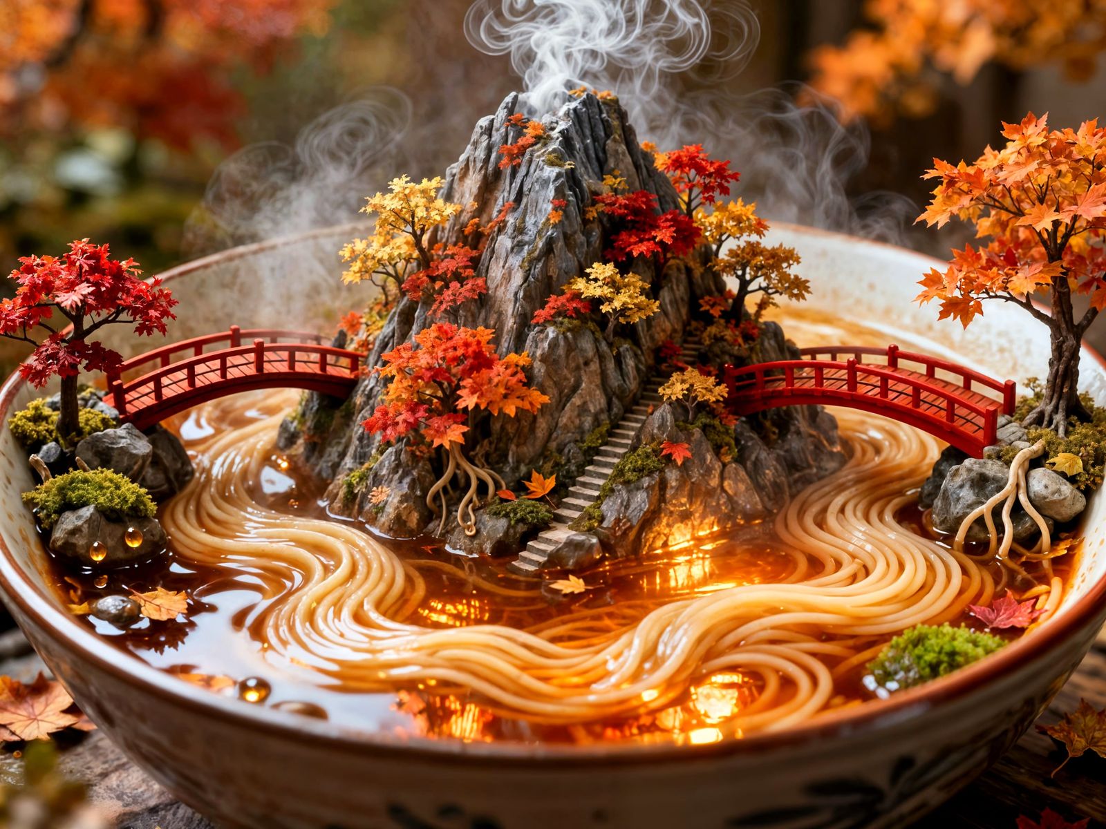 Autumn Mountain in Noodle Soup Hyperrealistic Art