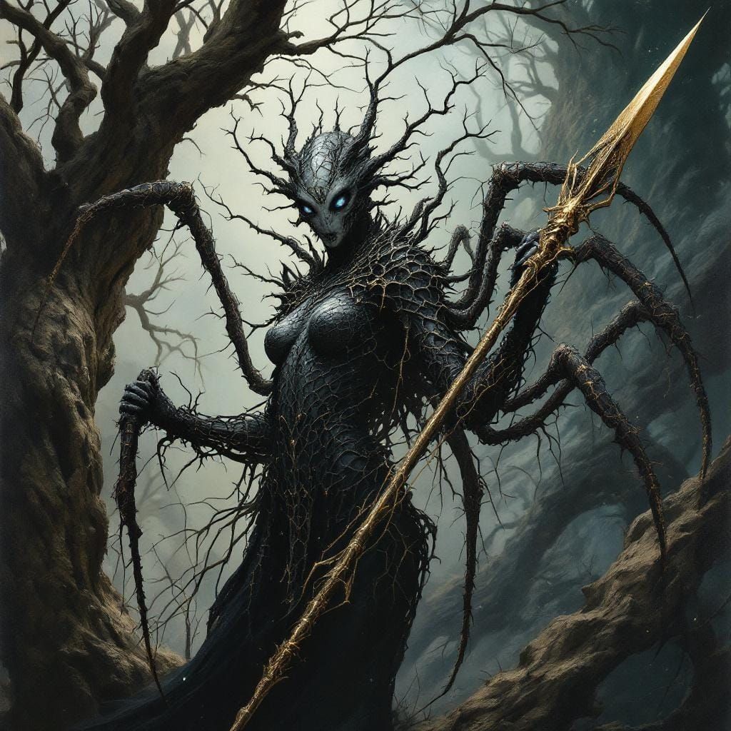 Elven Spider-Goddess in Dark Surrealist Style