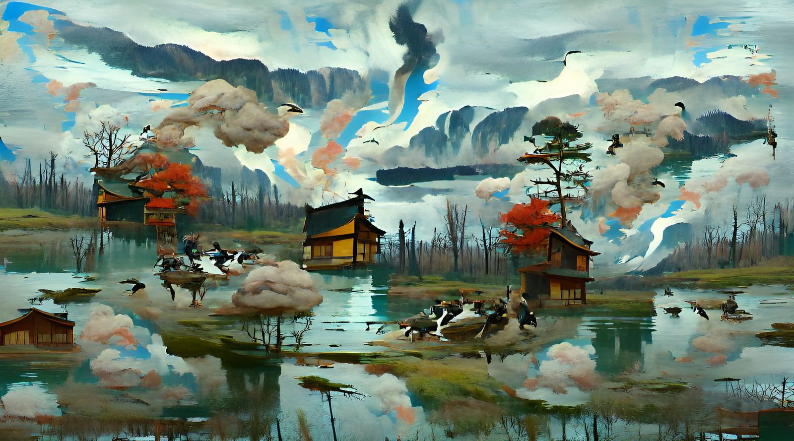 Lakeside Cabins: Ukiyo-e Oil Painting