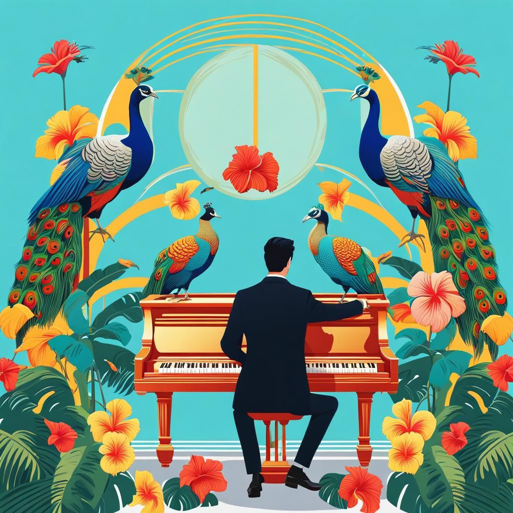Piano Player with Peacocks in Pop Art Style
