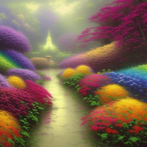 Rainbow Dahlias in Ethereal Fantasy Landscape