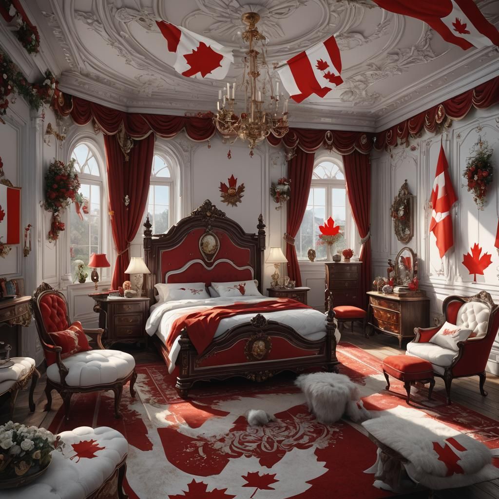 Fantasy Bedroom with Canadian Flag, Detailed Matte Painting