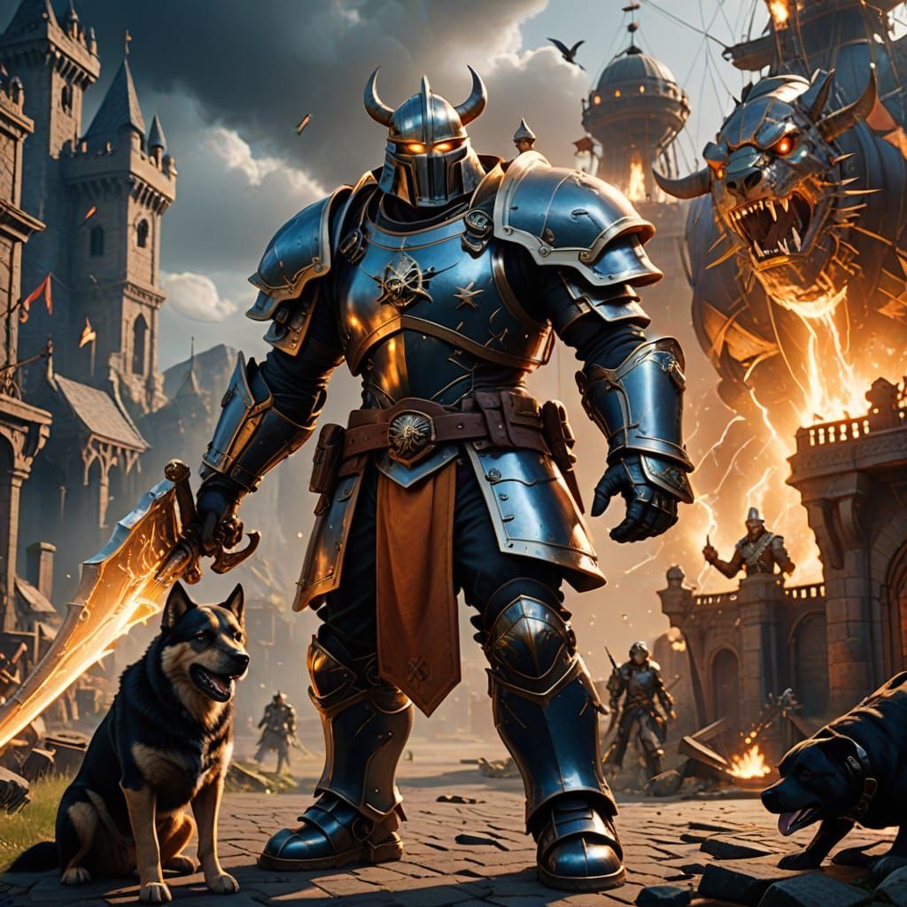 Epic Medieval Paladin in Battle with Pirate Airship