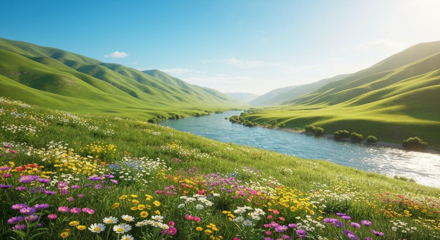 Hyperrealistic Landscape of Rolling Hills and River