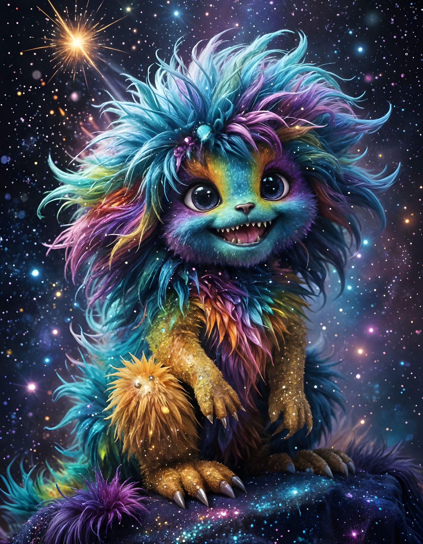 Vibrant Cosmic Monster with Glittery Rainbow Fur
