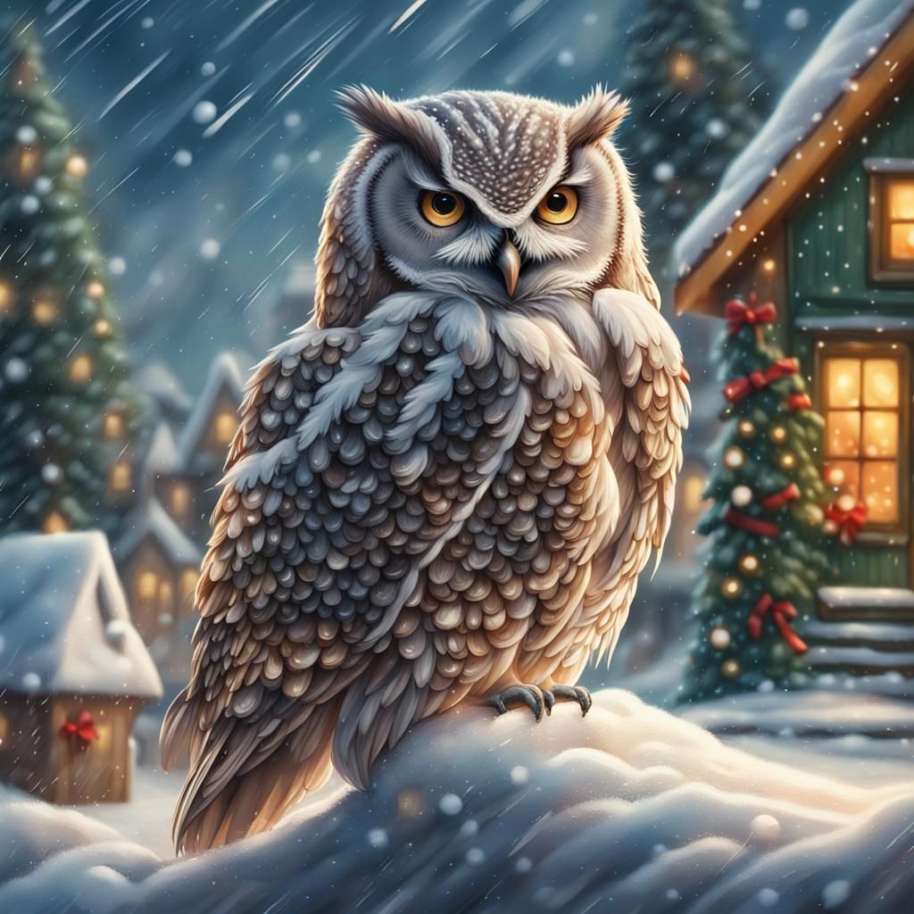 Detailed Christmas Owl with Silver Bells