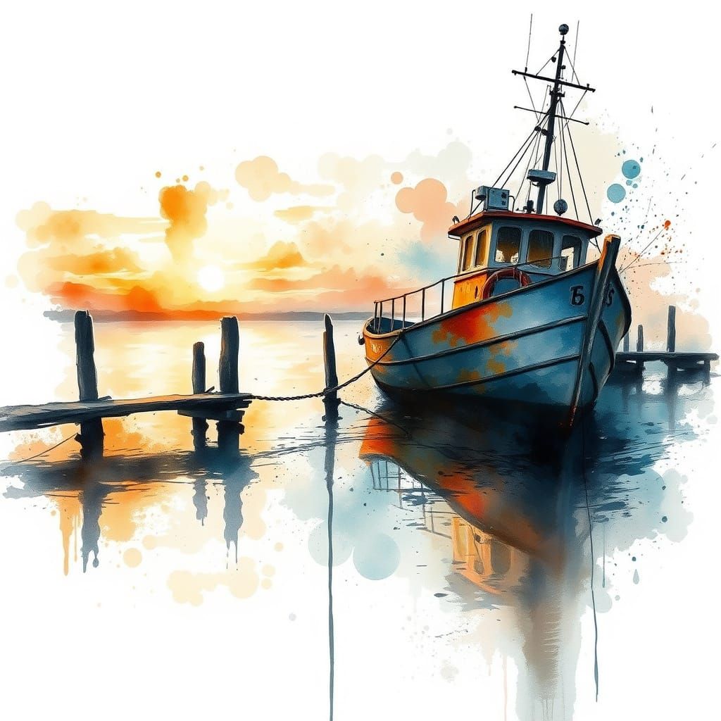 Old Boat at Dock at Sunset in Watercolour Style