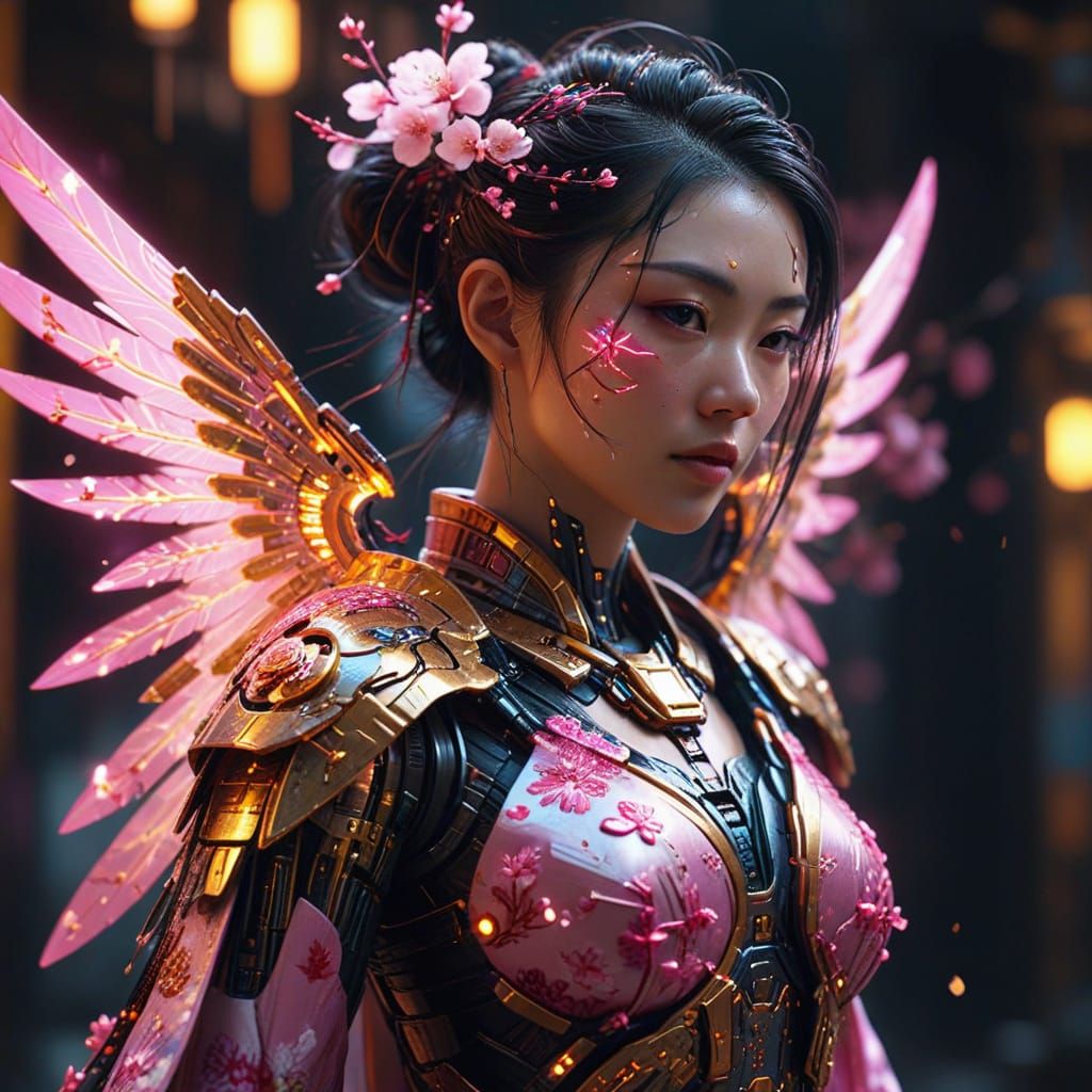 Cyberpunk Kimono: Oriental Cyborg with Cherry Blossoms