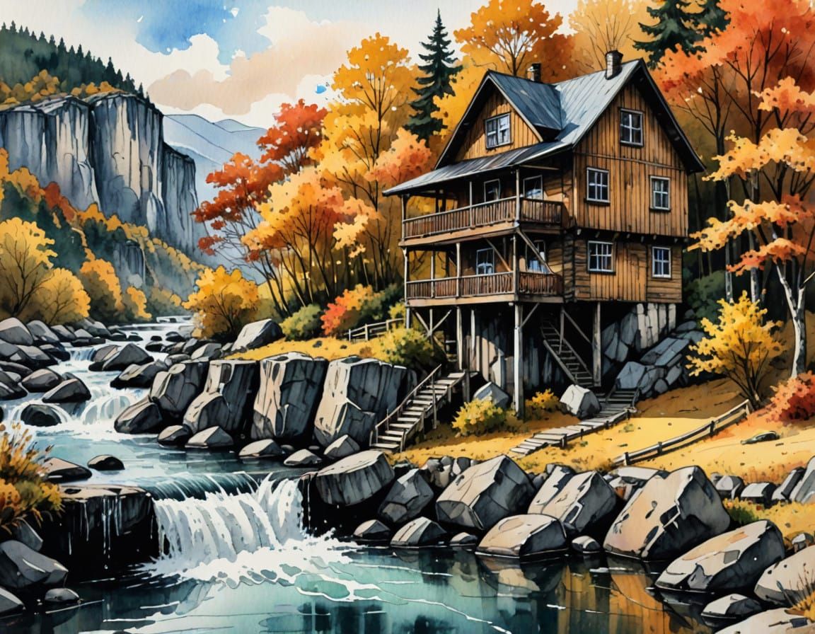 Autumn Watercolor Sketch of Wooden House by Rocky River