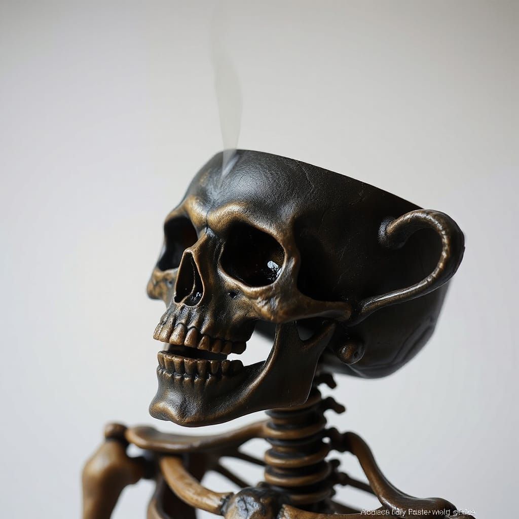 Surreal Skeleton with Coffee Cup Head Rises
