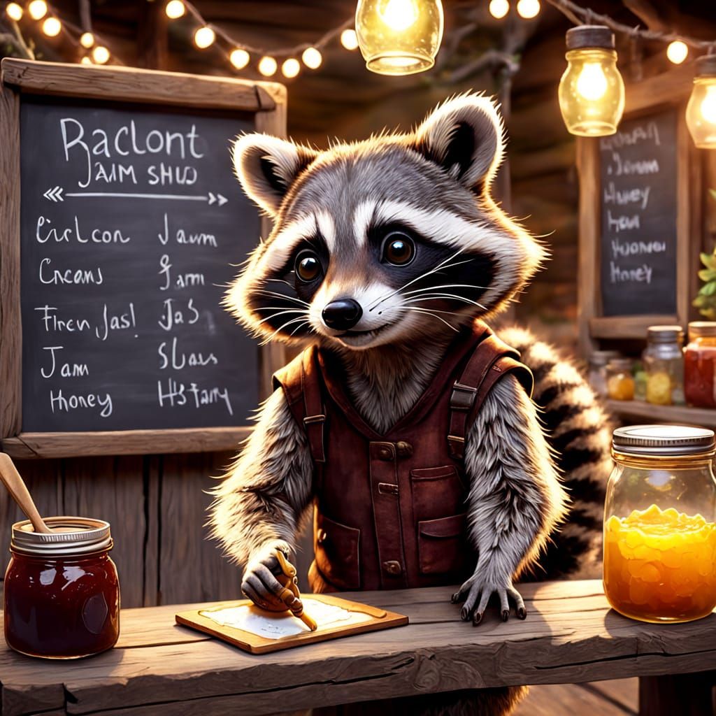 Cozy Raccoon Stall in Whimsical Fantasy Art