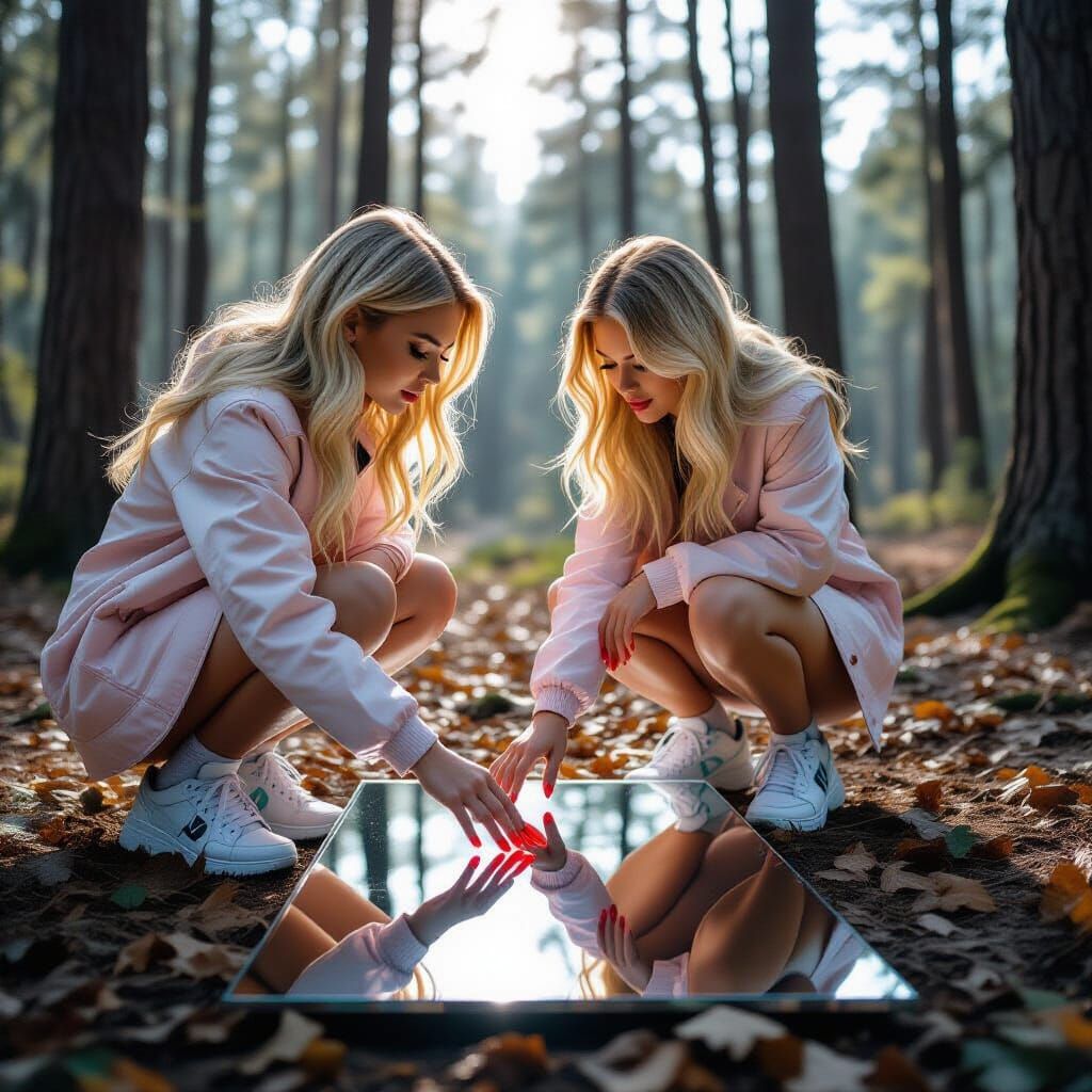 Woman in Forest with Mirror, Cinematic Style
