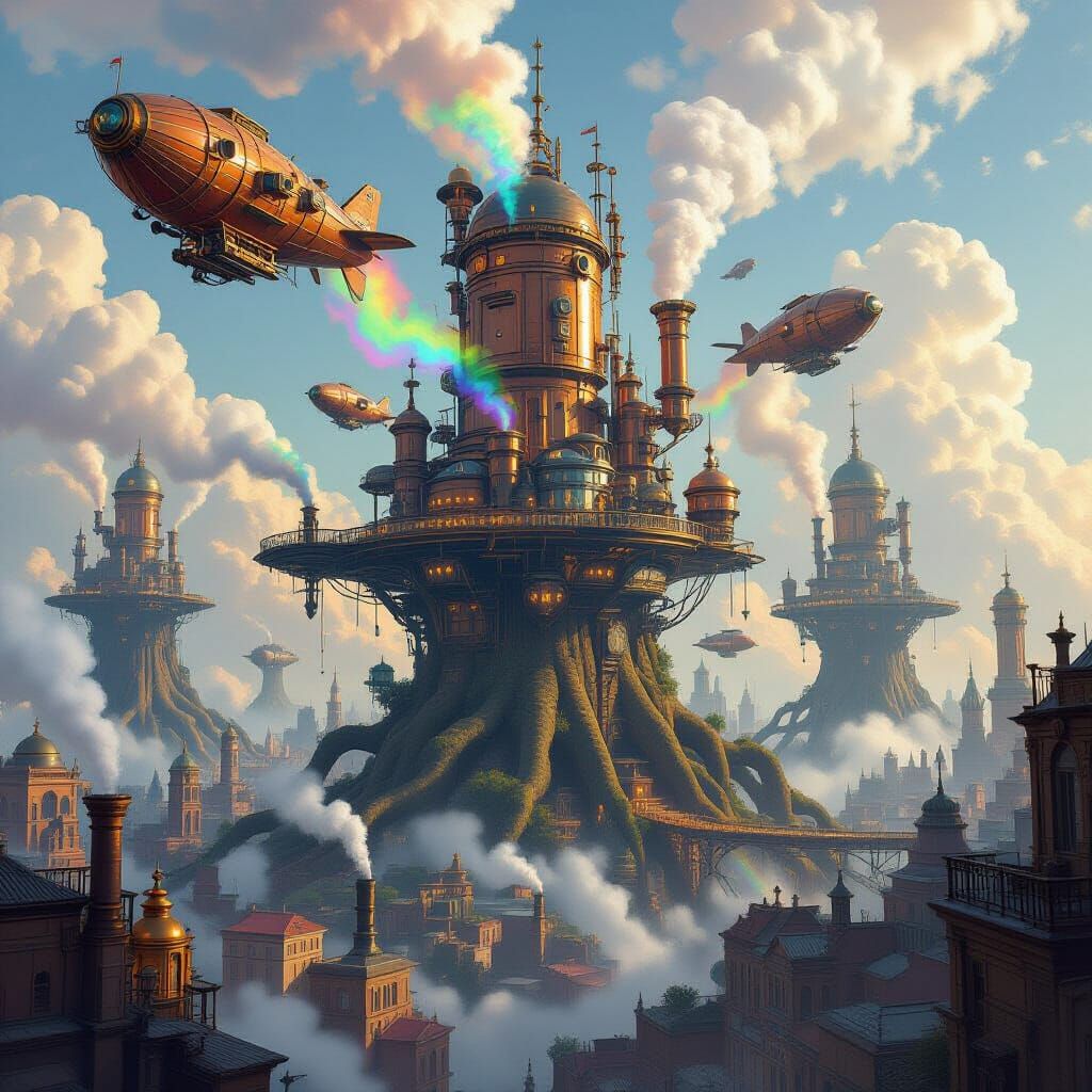 Steampunk Metropolis on Giant Trees with Airships