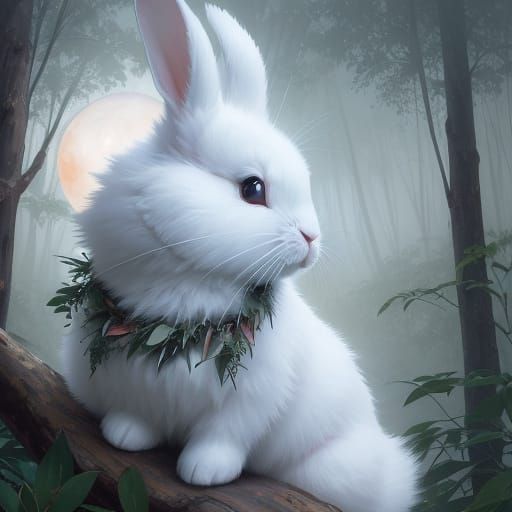 Adorable Rabbit in Luminous Foggy Dawn Forest
