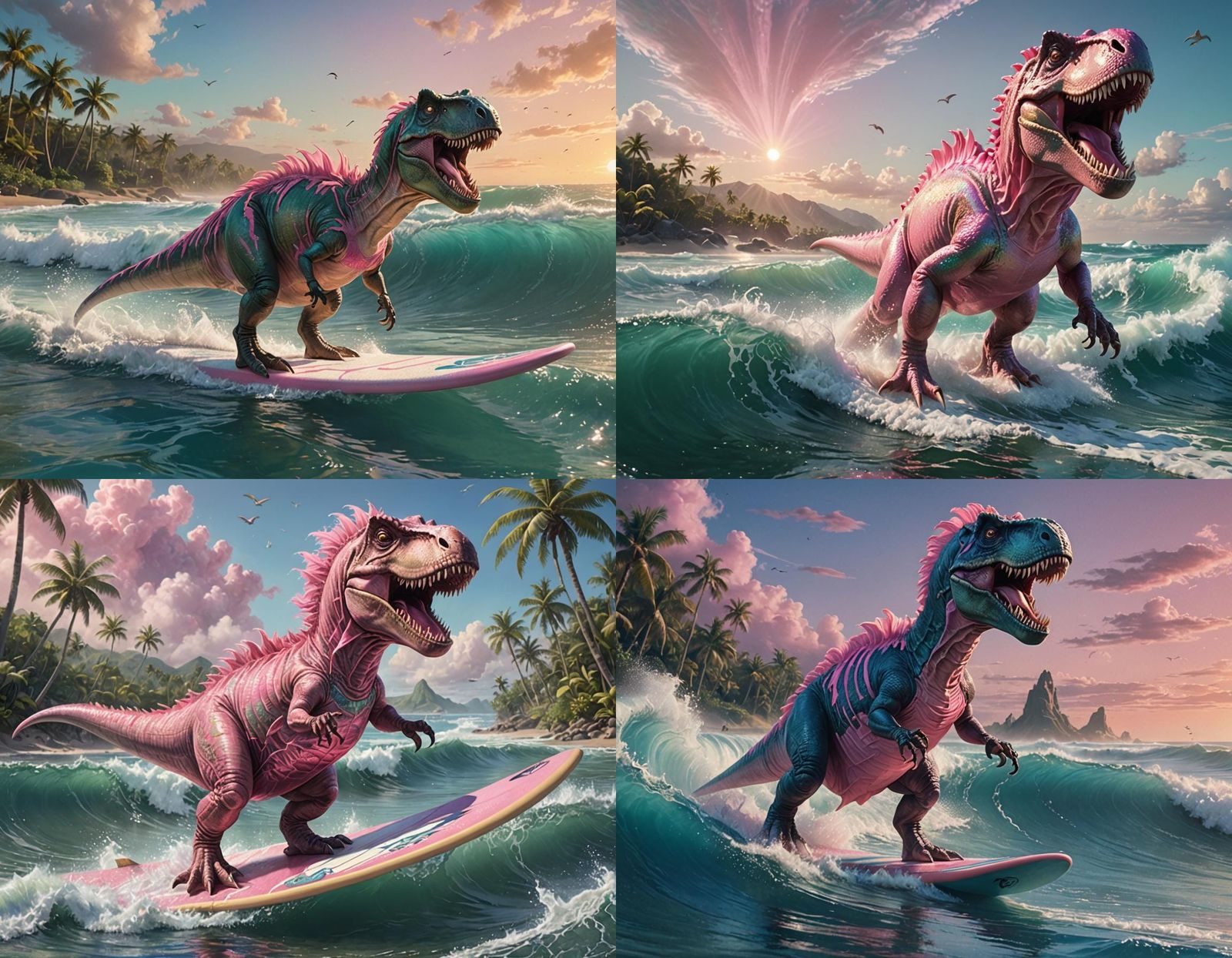 T-Rex in Tutu Surfing: Hyperrealistic Dinosaur Art