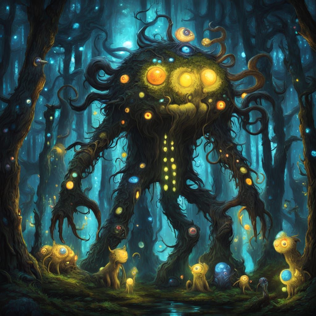 Futuristic Glowing Monsters in Dark Forest