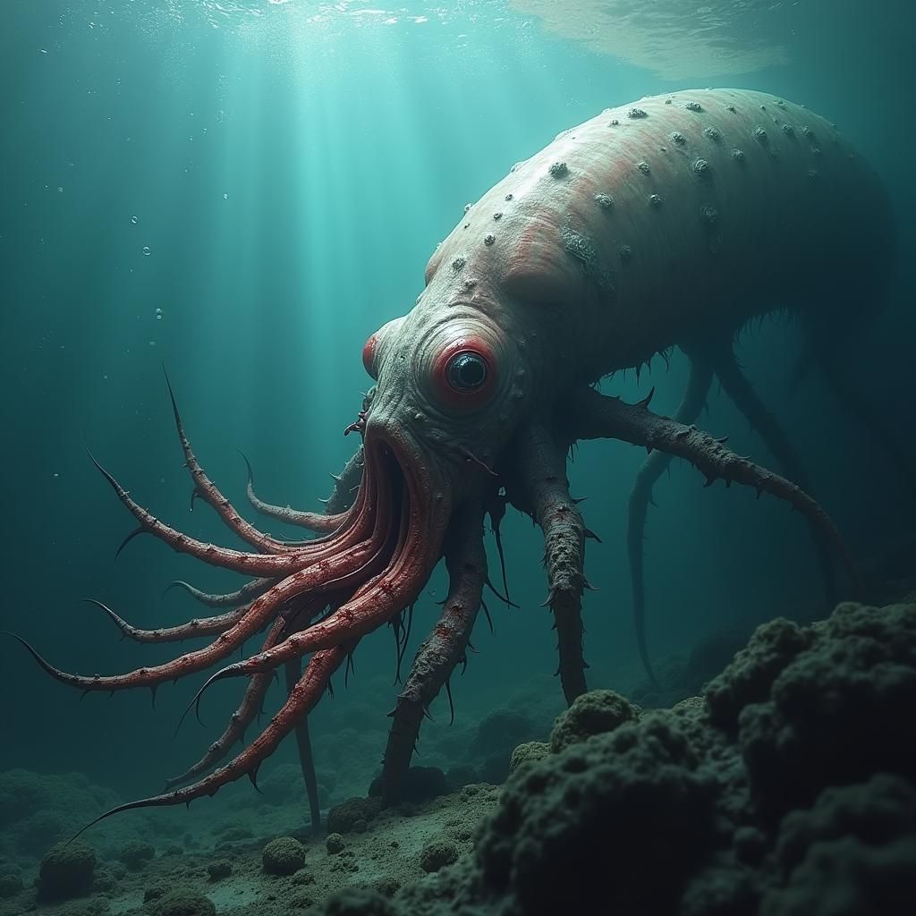 Horrific Squid-Human Hybrid Feast: Detailed Digital Art