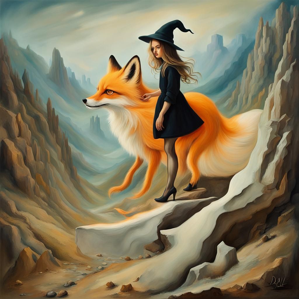 Surreal Witch and Fox in Mountain Dreamscape