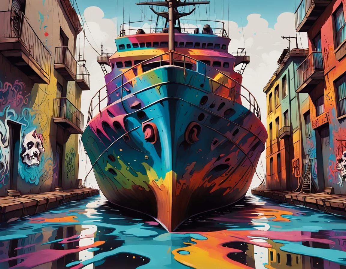 Haunted Pirate Ship Sailing Space: Graffiti Art Style