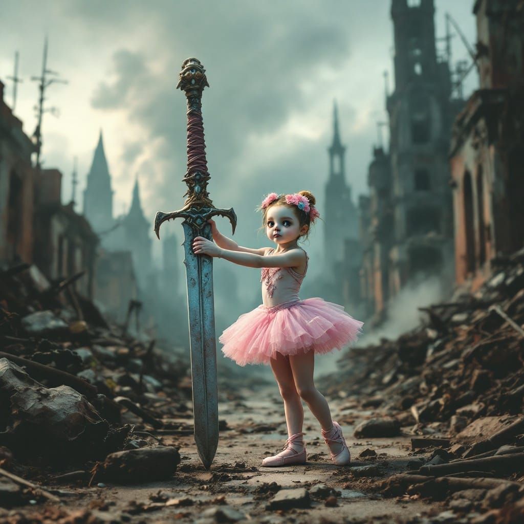 Enchanted Ballerina Wields a Fearsome Sword in a Darkened Ci...