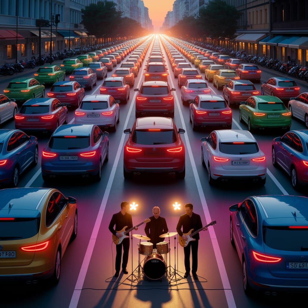 Urban Harmony: Traffic Jam Meets Sunset Serenade