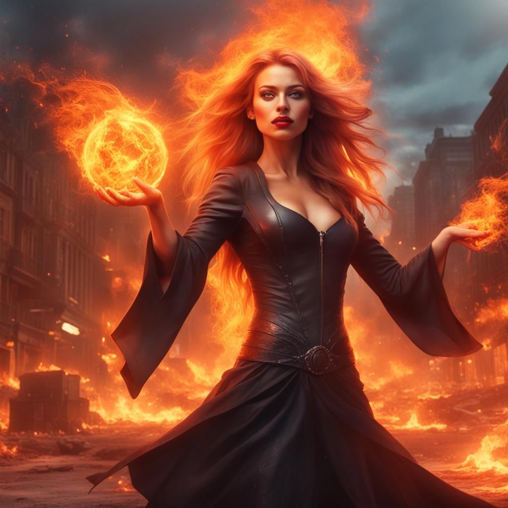 Radiant Fire Witch Destroys City in Fiery Display