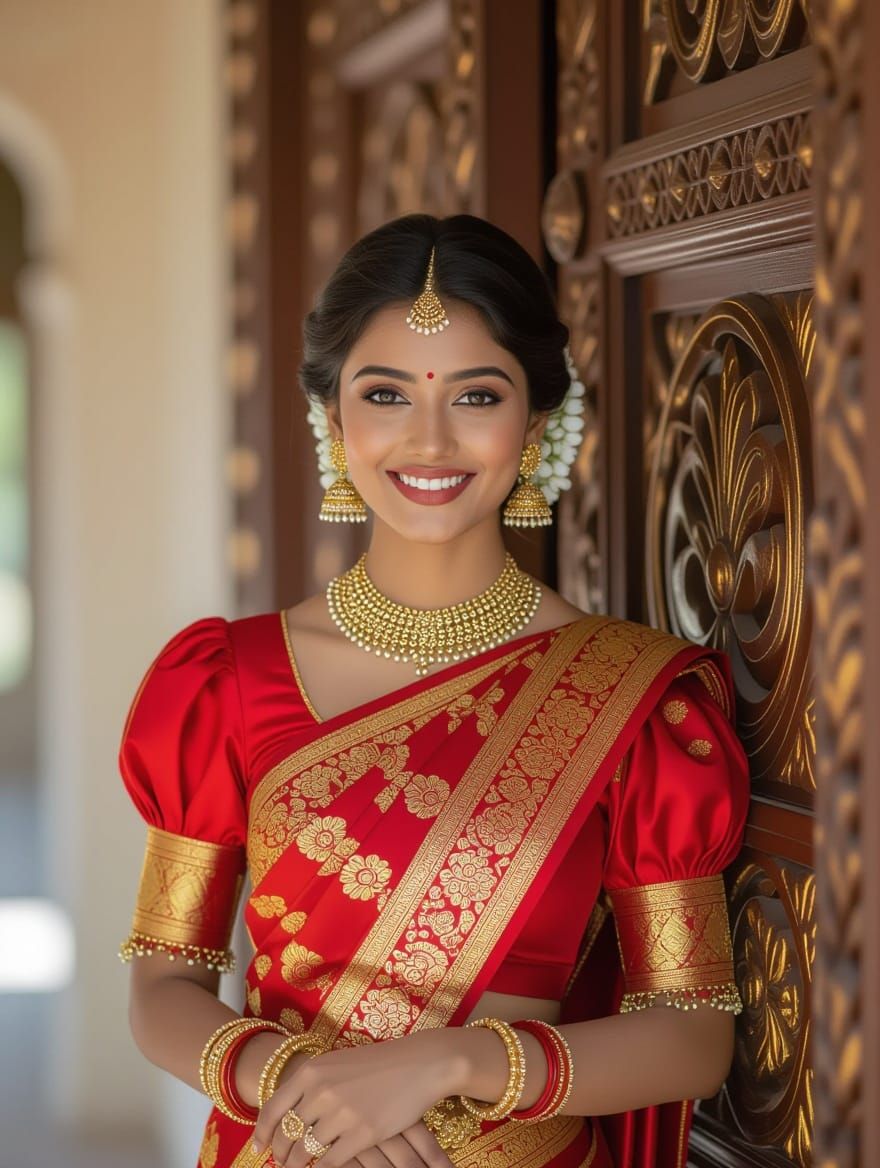 Indian Woman in Red Saree with Jasmine Flowers