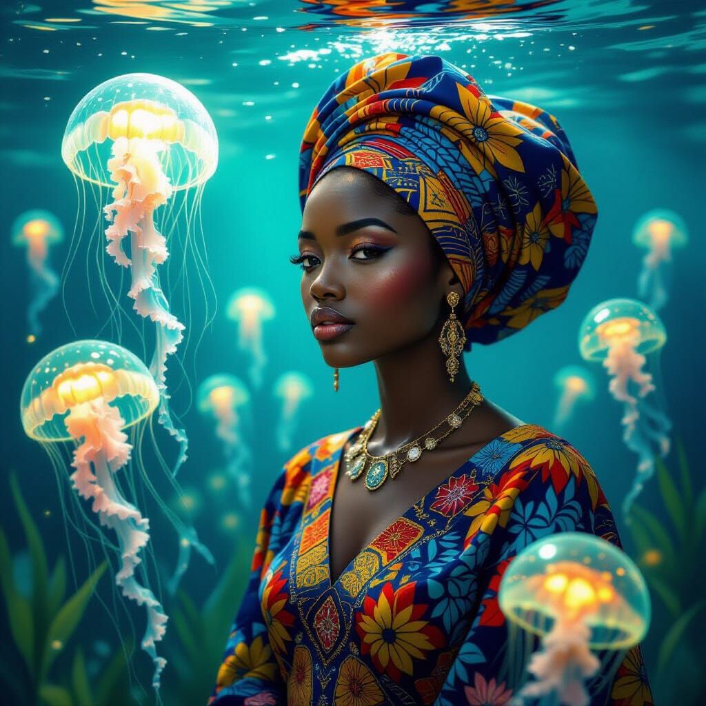 Serene Woman in Nigerian Attire Amidst Bioluminescent Jellyf...