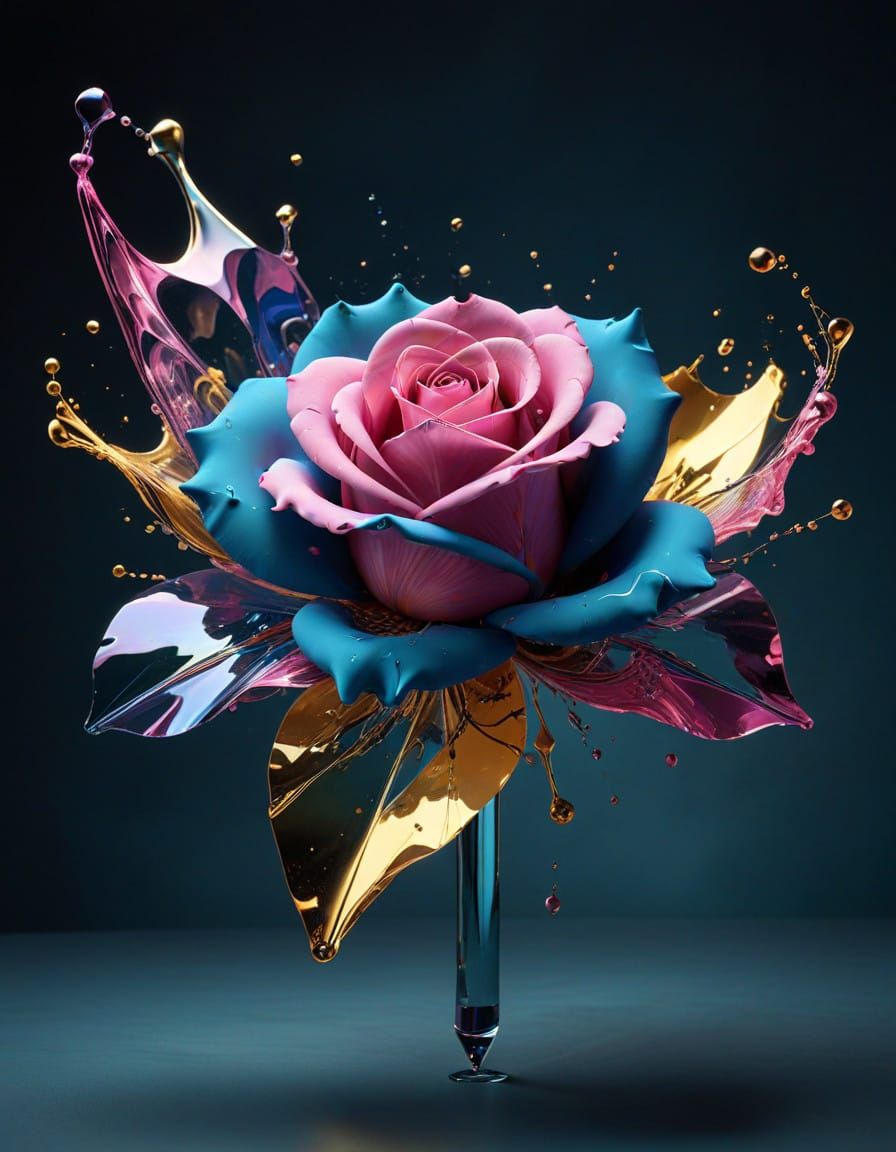 Ethereal Rose in Neon Hues, Suspended in Mid-Air