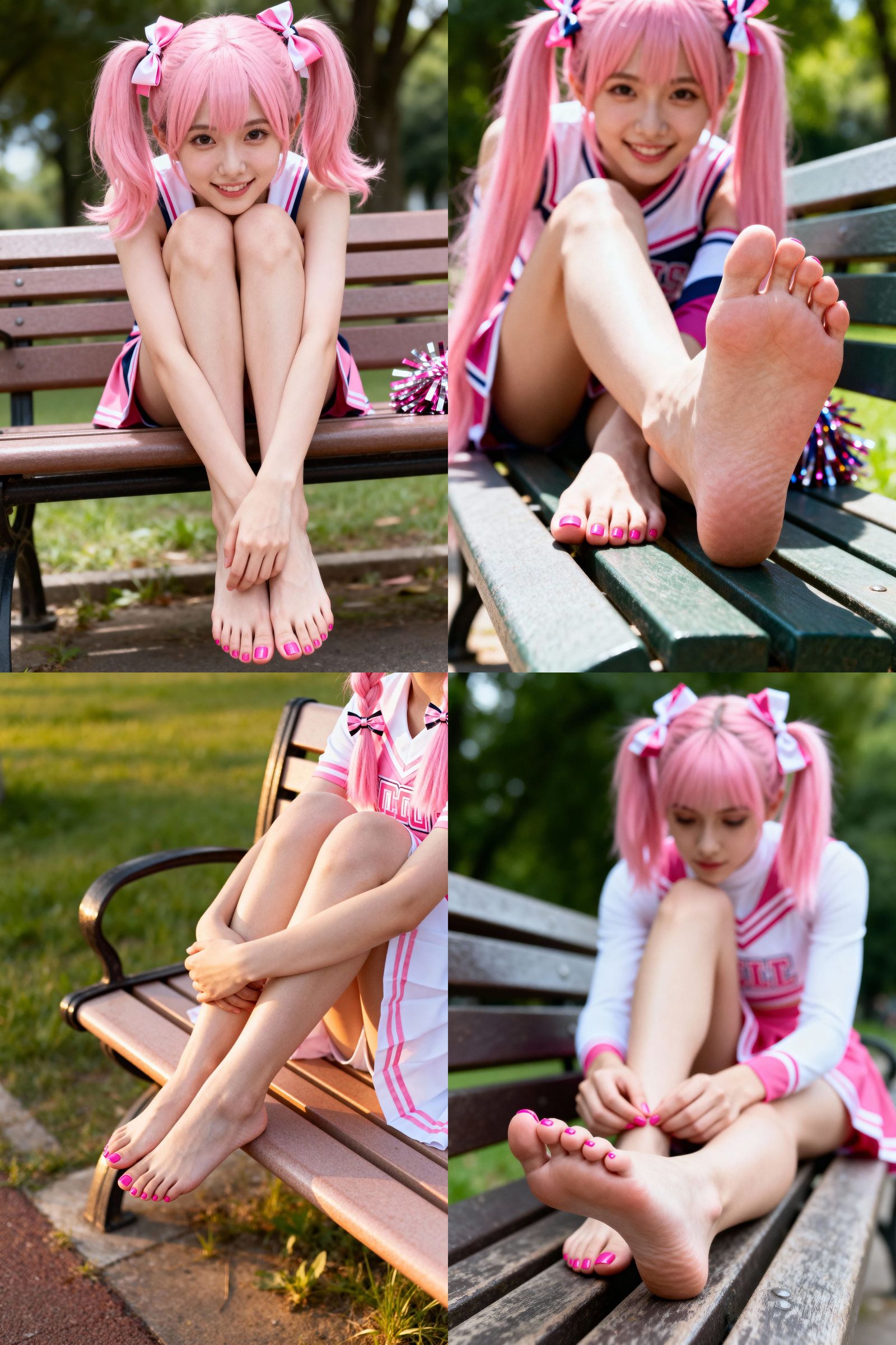Pink Haired Cheerleader on Park Bench with Feet Focus