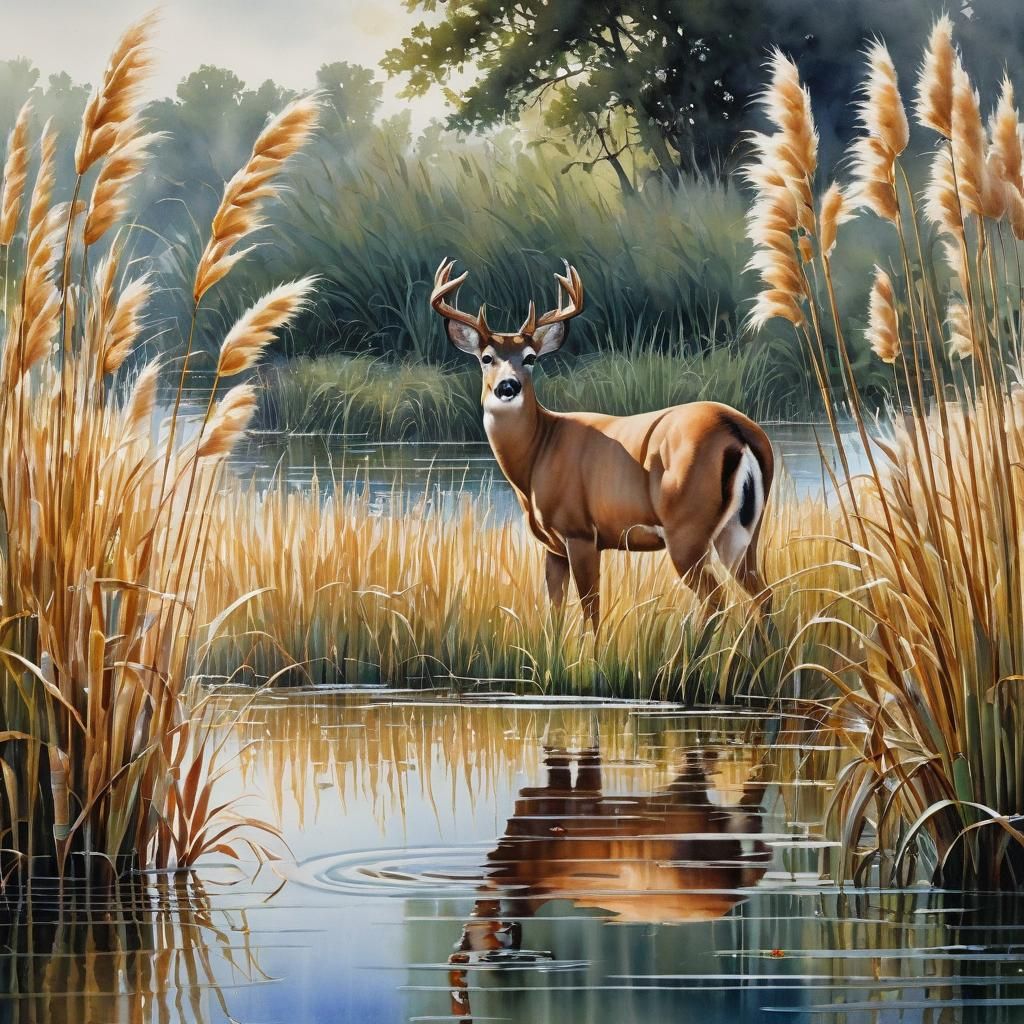 Watercolor Deer in Cattails: Ecological American Scene