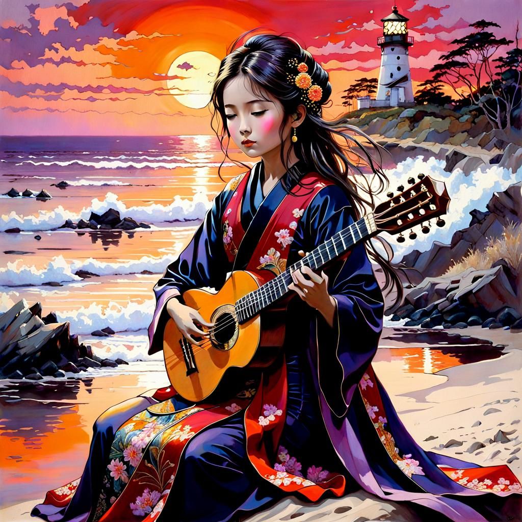 Japanese Princess Plays Sitar at Sunset: Dark Fantasy Art