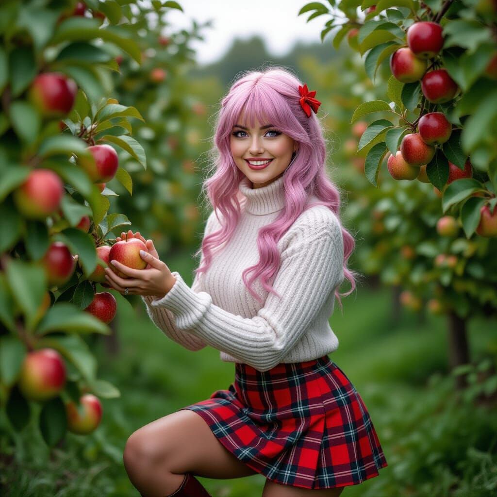 Pink Haired Woman Picking Apples in Orchard