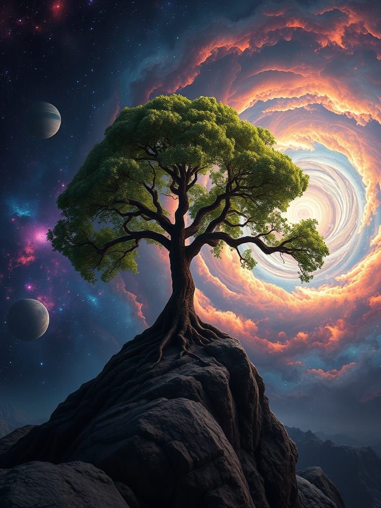 Ancient Bioluminescent Tree Overlooking Cosmic Nebula