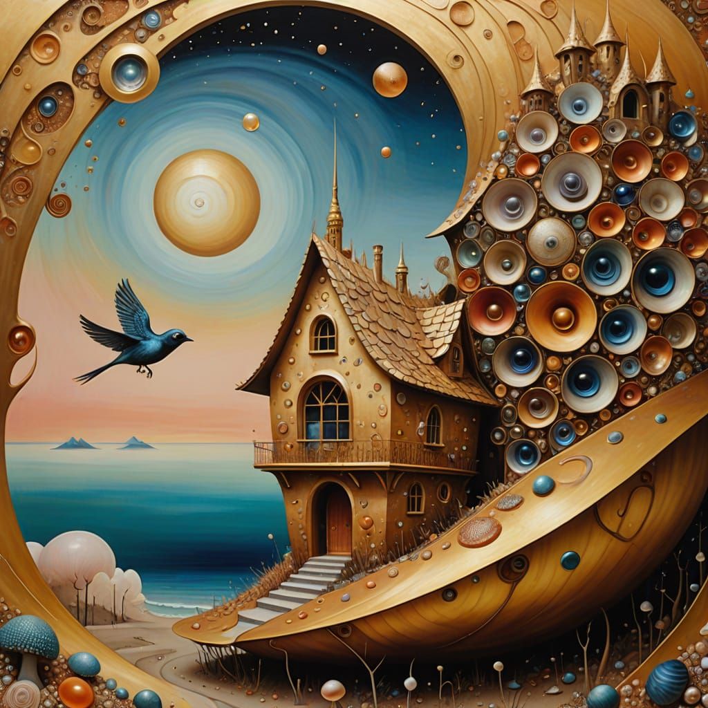 Bird Flies to Snailshell House in Surrealist Style