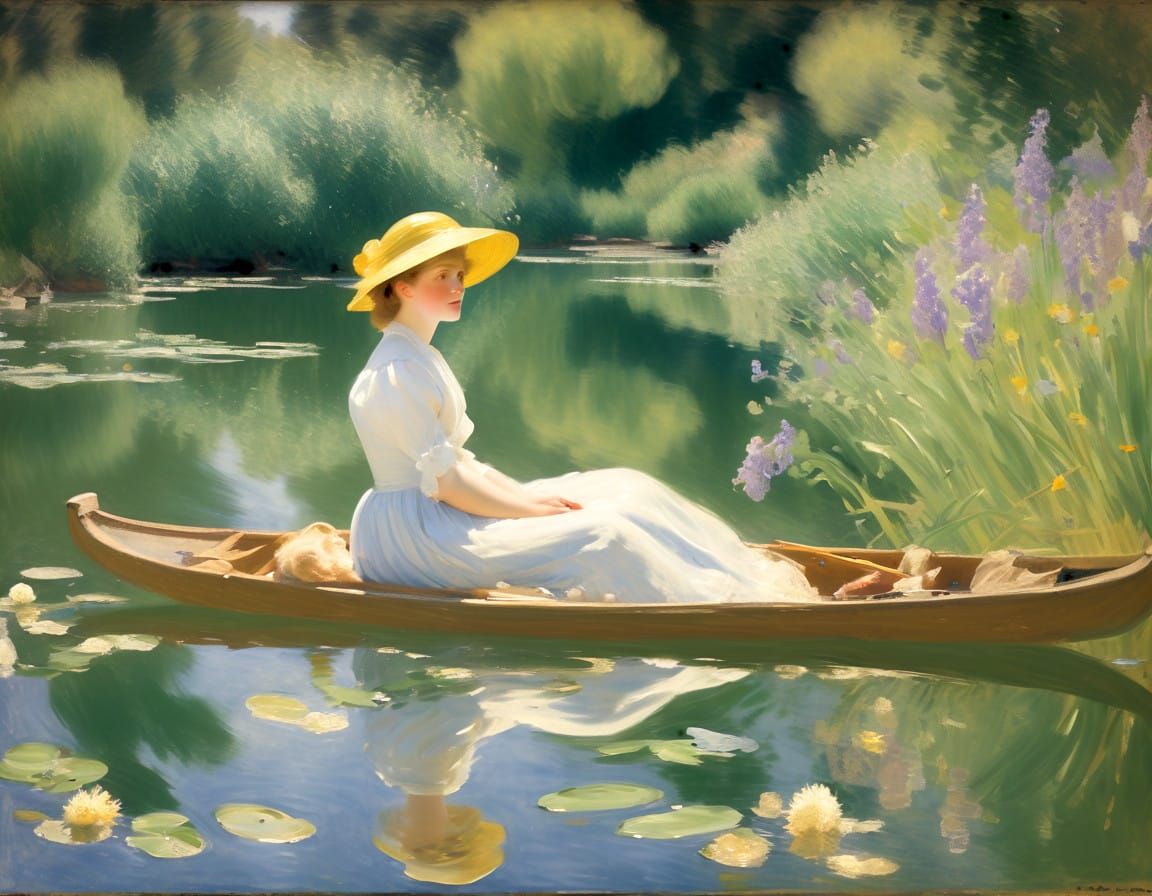 Impressionist River Scene with Golden Light and Lush Greener...