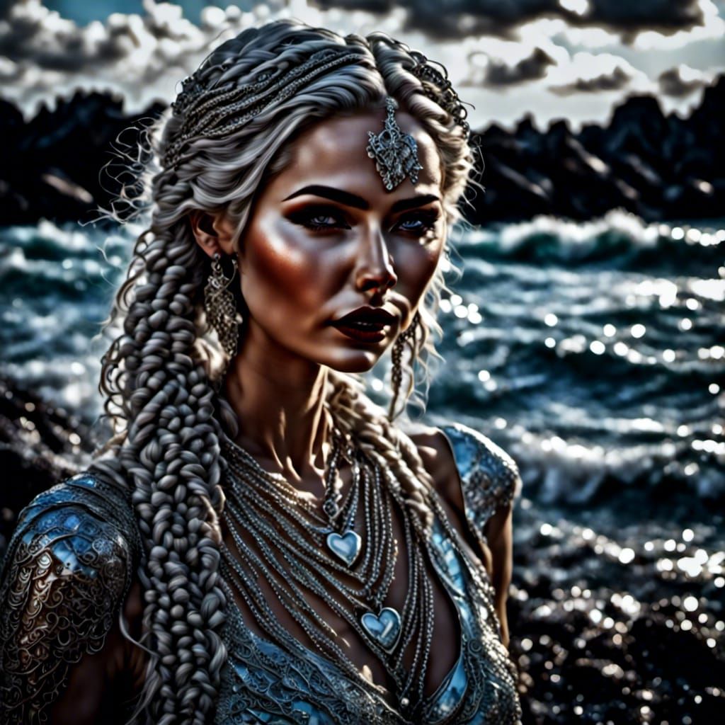 Hyperrealistic Girl with Silver Heart by the Sea