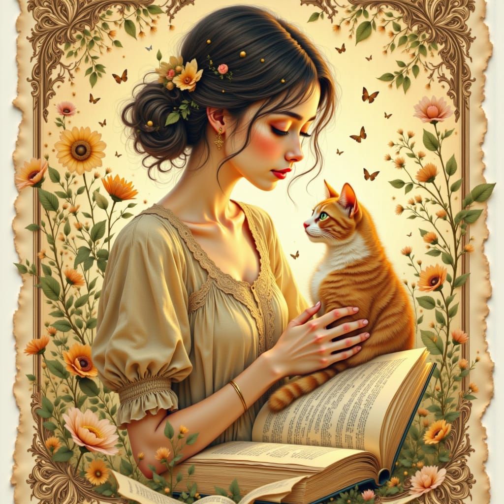Woman Reading with Cat in Dreamy Style