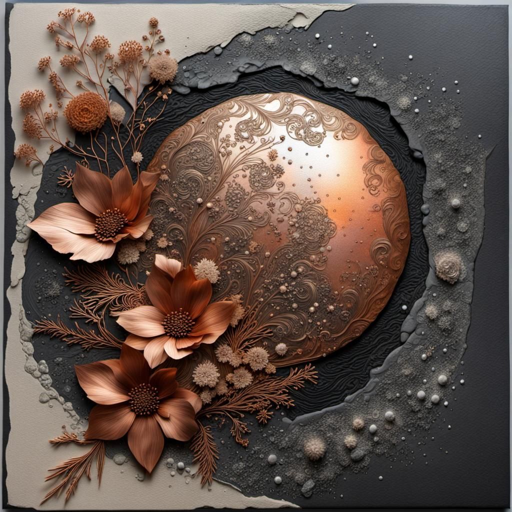 Mixed Media Art with Copper, Paper, and Flowers
