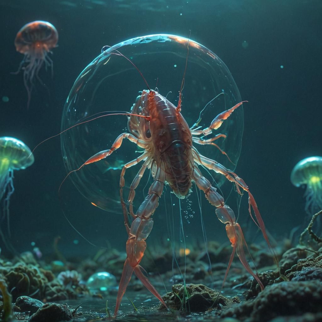 Giant Glass Shrimp in Glowing Underwater Fantasy