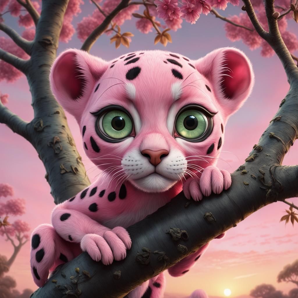 Hyperrealistic Pink Panther Climbing a Pink Tree