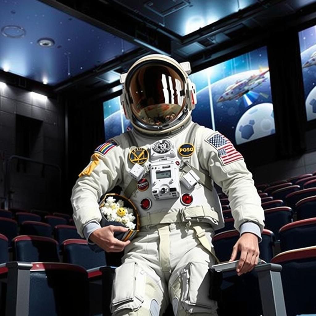Astronaut with Popcorn Outside Movie Theater