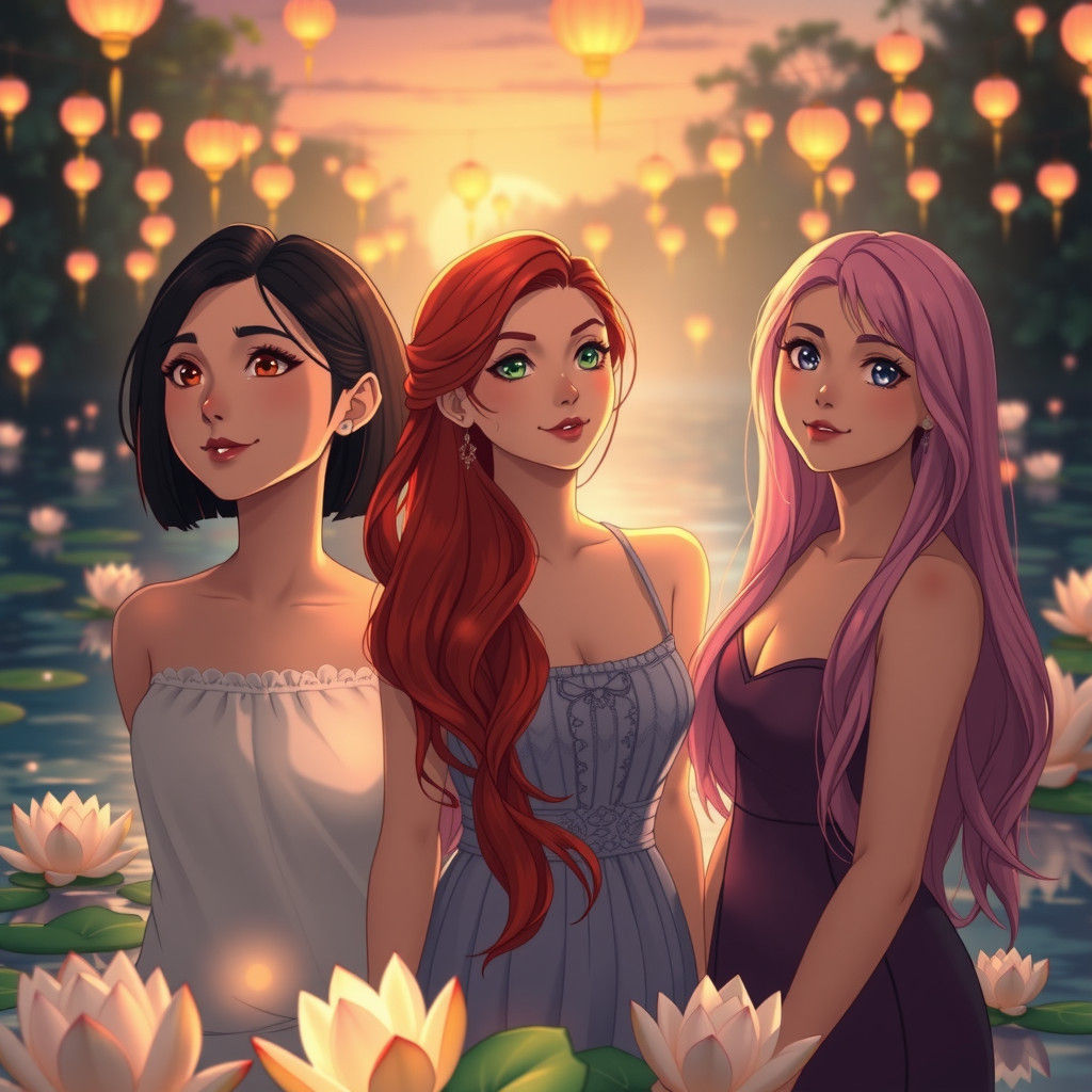 Loy Krathong Festival: Three Women in Anime Style