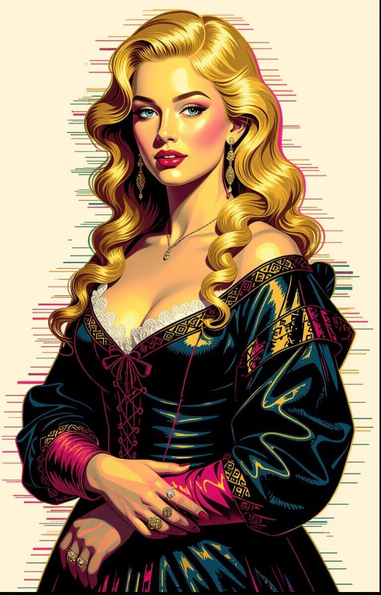 Pop-Art Renaissance Digital Pinup with Glitch Effects