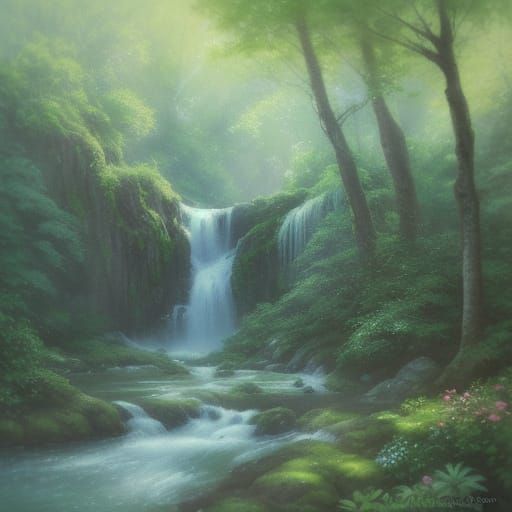 Impressionist Waterfall Landscape in Pastel Watercolors