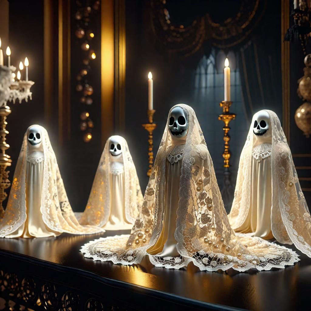 Lace Halloween Ghosts with Golden Filigree
