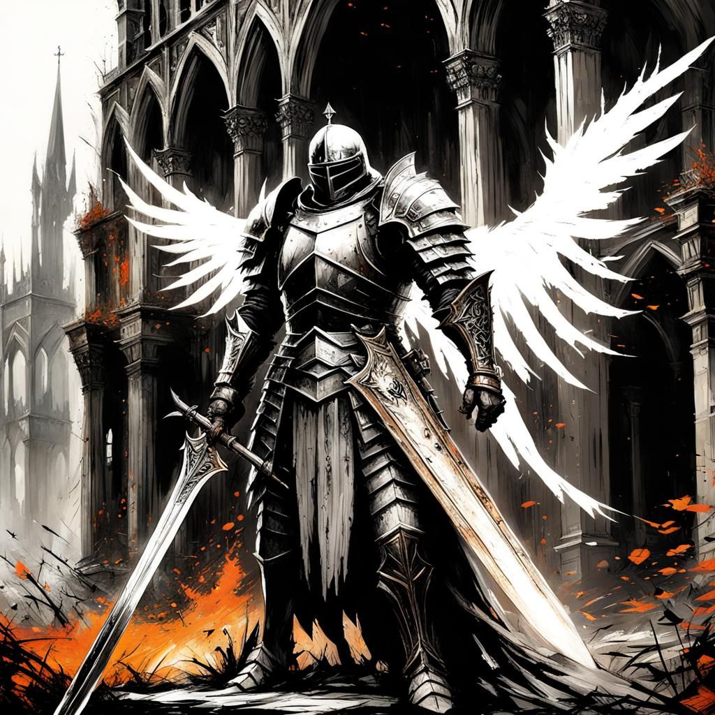 High Gothic Knight with Angel Wings in Garden