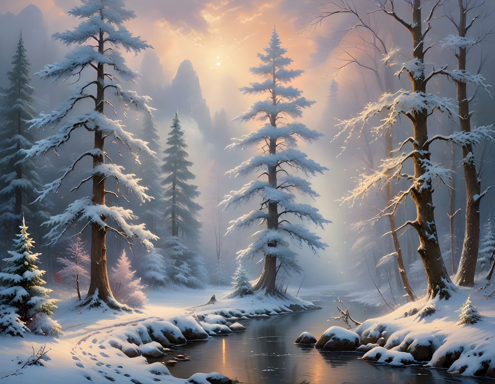 Winter Snow Forest Christmas Postcard in Ethereal Style