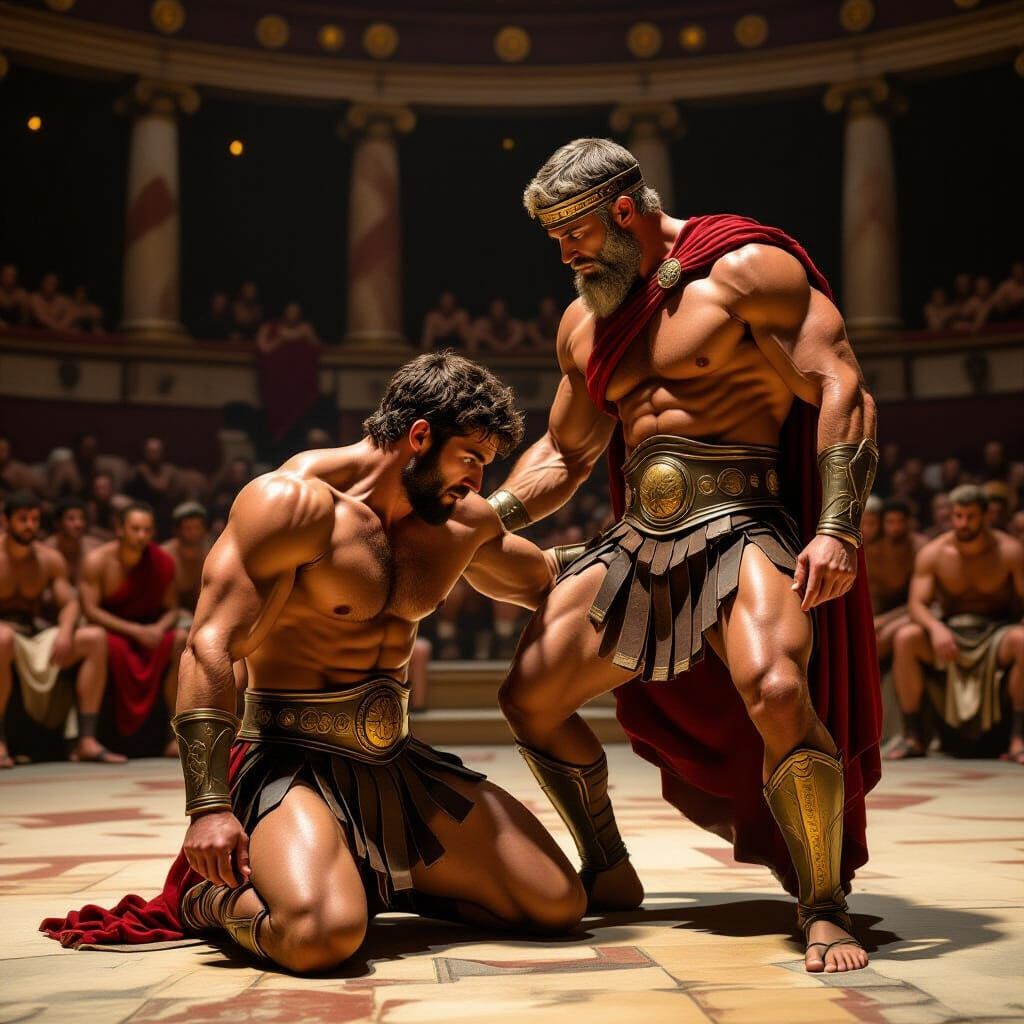 Ancient Greek Hero Theseus Falls to King Cercyon in Dramatic...